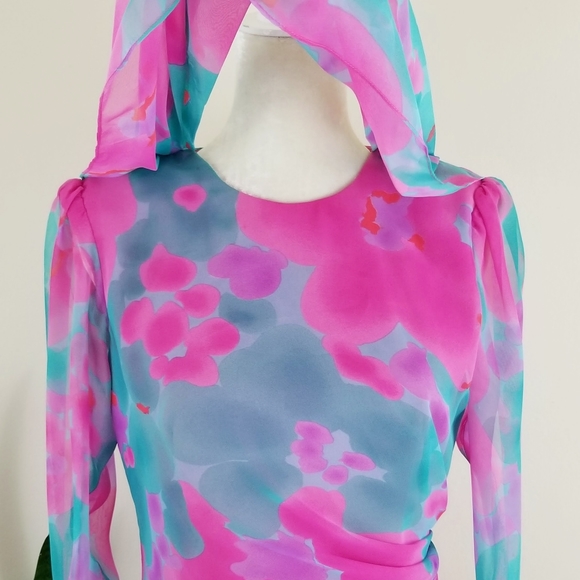 VTG 70s Miss Elliette Watercolor Chiffon Dress - Picture 3 of 14